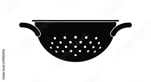 A simple black and white vector illustration of a kitchen colander featuring perforated holes and handles high quality