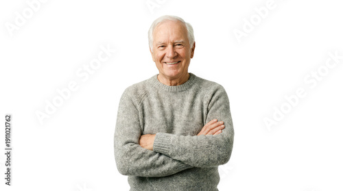 Smiling senior man with gray hair and arms crossed, wearing a light gray knitted sweater, isolated PNG with Transparent Background