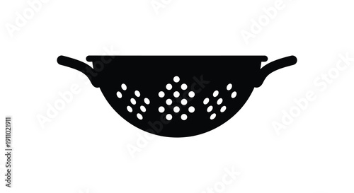 A simple black and white illustration depicts a round metal skimmer or strainer with a long handle