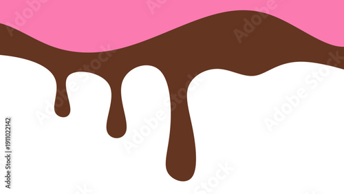 Sweet melting chocolate and pink strawberry icing glaze background. Melted syrup or dripping liquid sauce. Minimalist sweet chocolate and strawberry pink background.