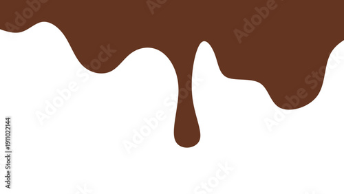 Melted chocolate or syrup drips isolated on a white background. Flowing liquid chocolate border element. A sweet brown syrup or sauce that melts and drips.