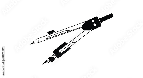 A minimalist black and white illustration depicts a drafting compass showcasing its pointed tips and hinged mechanism high quality professional
