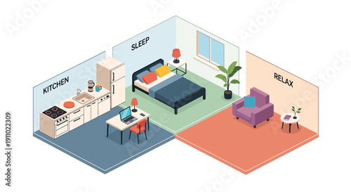 Isometric illustration of a modern apartment interior divided into kitchen, sleep and relax areas with furniture and decor.