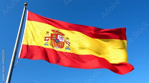 Spain flag with coat of arms. The Spain flag waves clearly in the wind with the coat of arms fully visible, fabric stretched and colors vivid.
