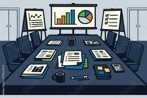business meeting room with reports,charts,and coffee