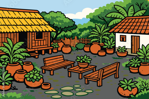 tropical village courtyard with traditional houses and plants