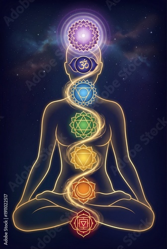 Illustration of seven chakras aligned on meditating human silhouette with kundalini energy spiral against starry cosmic background