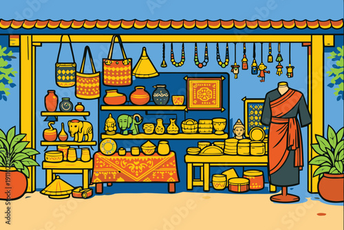 asian market stall with traditional crafts and clothing