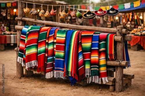Cinco de Mayo market sarape display. Vibrant striped blankets on a wooden rack. Clay whistles and tiny sombreros hang above. Dusty ground, blurred stalls in background. Colorful traditional craft scen