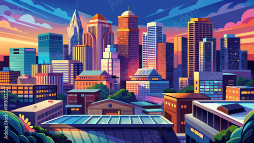 Very beautiful rooftop skyline view of Austin, Texas, USA, capturing high-rise buildings, evening light reflections, and the energetic atmosphere of a growing metropolitan city.