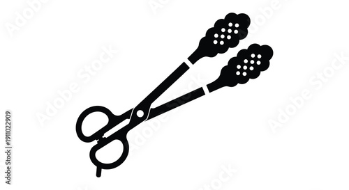 A black and white illustration depicts a pair of kitchen tongs angled slightly on a white background