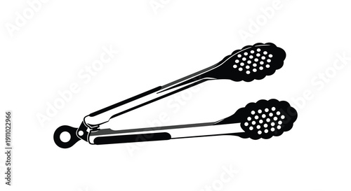 A minimalist black and white illustration showcases a pair of kitchen tongs commonly used for serving or cooking high quality