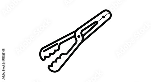 A simple black and white line drawing depicts a pair of kitchen tongs angled diagonally high quality professional