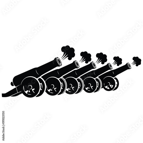 Vintage cannons firing in unison with smoke effects