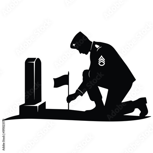 Soldier kneeling at grave with flag, paying respects in solemn moment