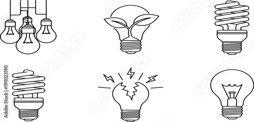 Energy and light bulb icon set featuring eco friendly green leaf bulb, fluorescent spiral lamps, broken lightbulb with sparks, and 