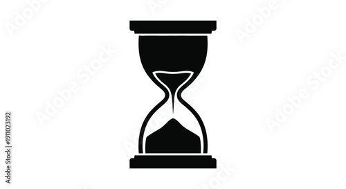 A striking black silhouette depicts an hourglass with sand partially flowing from the upper to the lower chamber