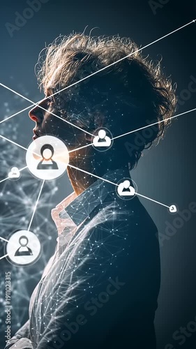 A person's profile with a glowing network effect and a digital icon floats nearby.