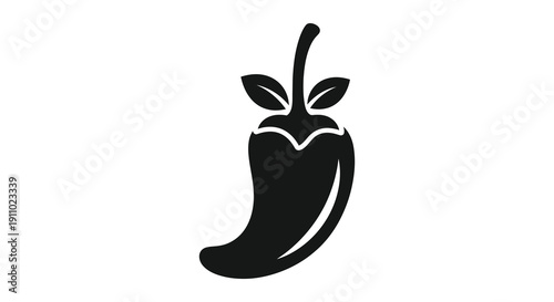 A minimalist black and white illustration depicts a single chili pepper showcasing its distinctive shape and stem