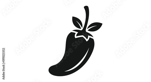 A simple black silhouette depicts a single chili pepper with a curved shape and three leaves high quality