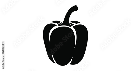 A stark black silhouette depicts a bell pepper showcasing its distinct lobes and stem against a white background