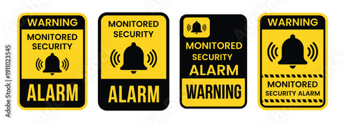 Warning monitored security alarm label, Warning monitored security alarm sign, logo, icon, sticker, label, emblem, stamp, symbol, red, line, flat vector, isolated illustration