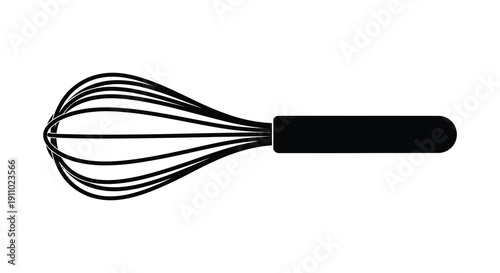 A minimalist black and white illustration depicts a common kitchen whisk showcasing its looped wires and handle high quality professional