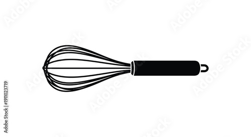 A simple black and white illustration depicts a kitchen whisk a common tool for blending and aerating ingredients