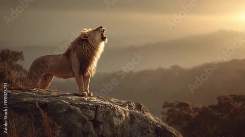 Majestic Lion Roaring on Rocky Cliff at Sunset Wildlife Power and Leadership Concept