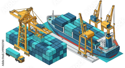 Isometric view of a busy port terminal facilitating global container shipping and international trade logistics