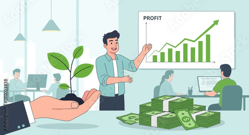 Business Growth Presentation with Plant Money and Profit Chart.