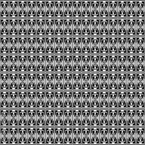 Seamless surface pattern design with rectangles, triangles, rhombuses. Black polygons abstract. Ethnic embroidery background. Mandala wallpaper. Carpet motif. Digital paper with ancient ornament.