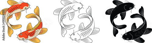 Koi fish silhouette & Outline and illustration set isolated on transparent background