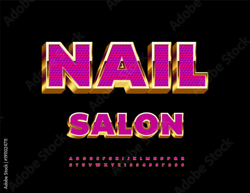 Vector Glamour Advertisement Nail Salon. Chic Pink and Gold 3D Font. Stylish set of Luxury Alphabet Letters and Numbers.