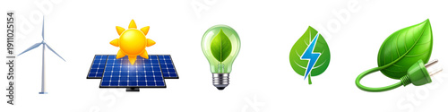 Set of Flat Vector Illustrations of Green Energy Icons Featuring Wind Turbines, Solar Panels and Light Bulb with Leaf, Representing Renewable Power, Sustainability and Eco Friendly Technology Concepts