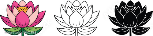 Lotus flower silhouette & Outline and illustration set isolated on transparent background