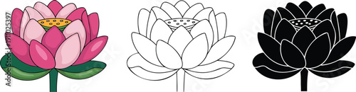 Lotus flower silhouette & Outline and illustration set isolated on transparent background
