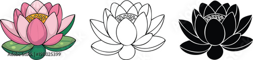 Lotus flower silhouette & Outline and illustration set isolated on transparent background