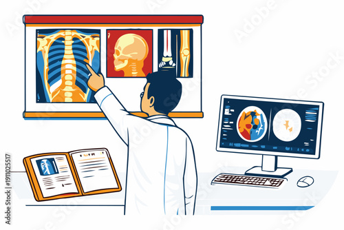 radiologist reviews x-rays and scans on screen