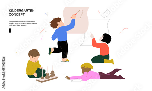 Children drawing on the wall. Happy creative children drawing, reading, playing with blocks. Cute preschool characters drawing sketches with pencil, chalk. Flat vector illustration.