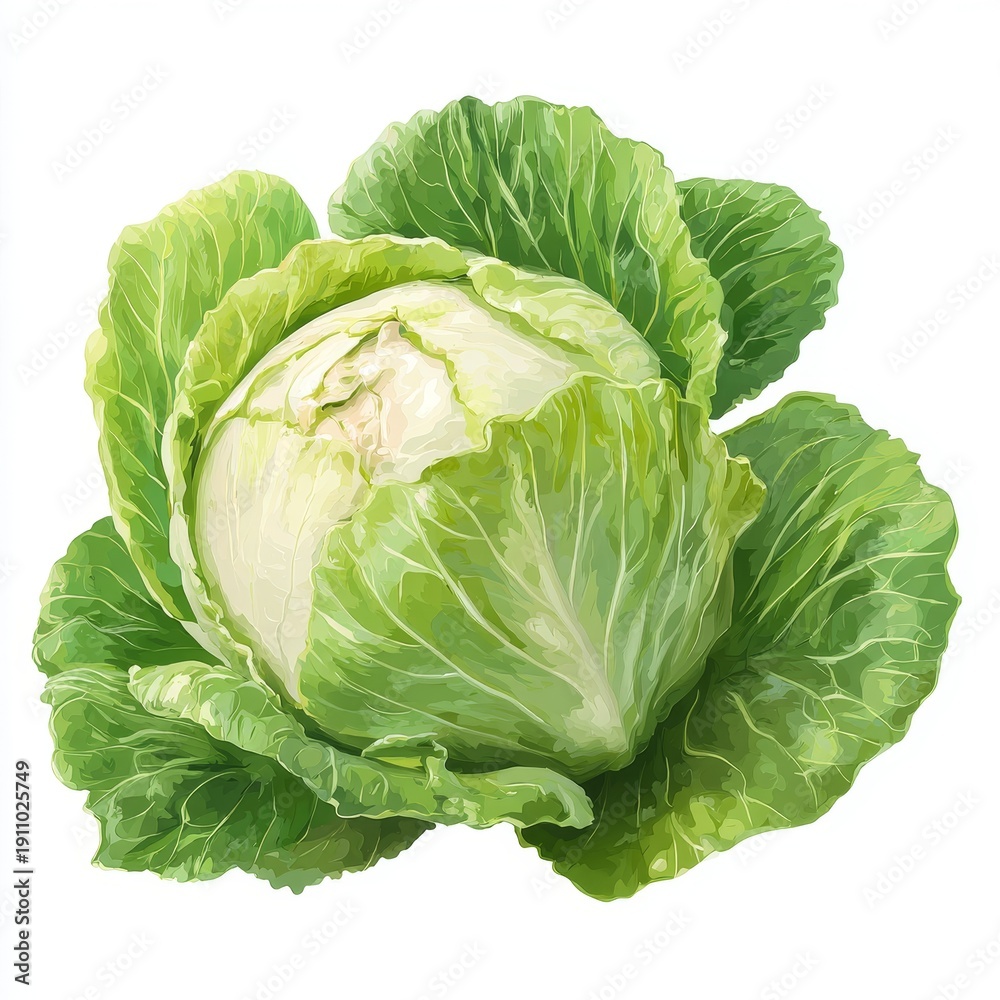 Obraz premium fresh green cabbage in realistic style with tightly layered inner leaves, broad outer foliage, natural textures, and a balanced close‑up composition in vibrant green tones