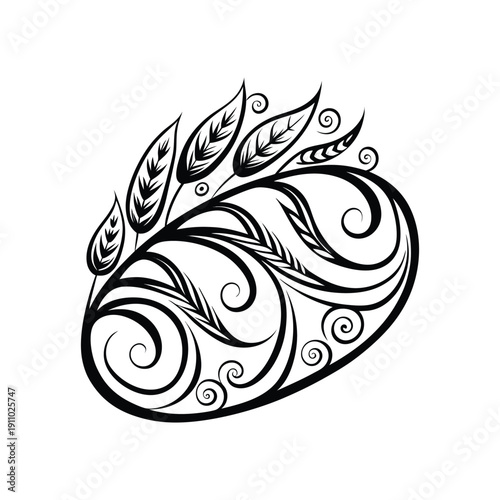 Black and white illustration of swirling leaf design with feathers and curls  decorative element