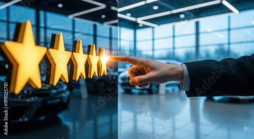 Close up of hand touching glowing five star rating icon in car dealership interior. Concept for premium automotive service, online reputation, customer satisfaction and vehicle purchase.
