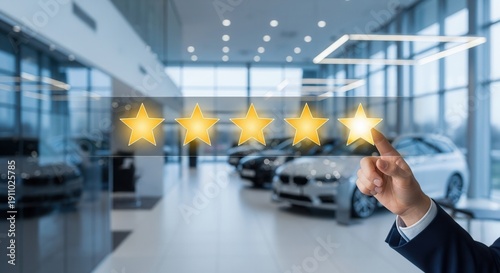 Customer feedback with five gold stars rating in automotive showroom. Professional car dealer service, luxury vehicle purchase, high quality ranking and client satisfaction business concept.