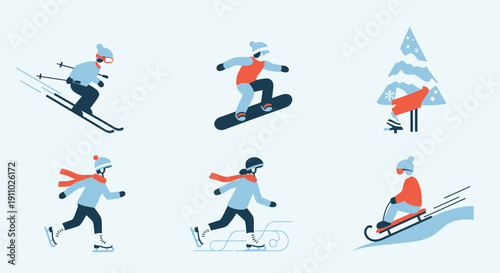 Collection of stylized figures enjoying various exciting winter sports and activities together