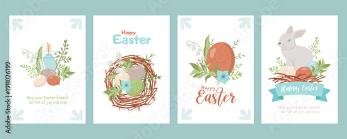 A set of Easter cards with eggs and a bunny. Perfect for Easter cards, invitations, and posters.
