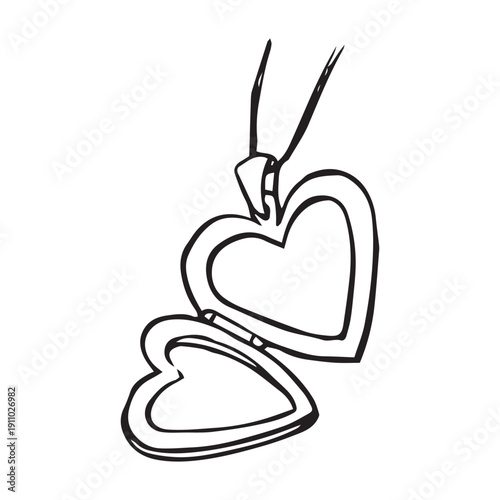 Open heart locket pendant on chain, hand drawn black line art illustration in whimsical doodle sketch style, vintage romantic jewelry symbol, isolated on white background.