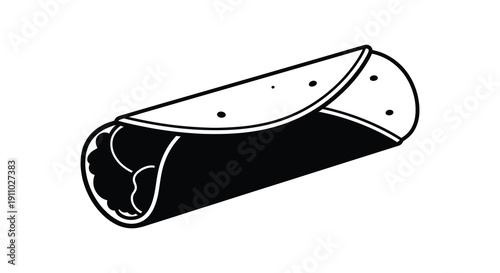 A simple black and white line drawing depicts a burrito showcasing its wrapped form and visible fillings high quality professional