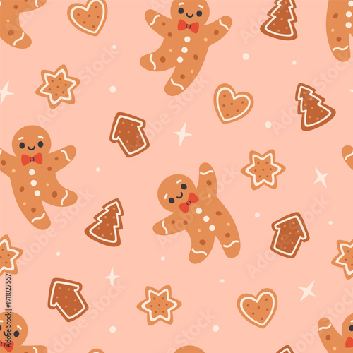 Seamless pattern with cute gingerbread cookies. Holiday pastry, cookies. Design for banner, wallpaper, wrapping paper, background, card, poster. Vector illustration in flat style
