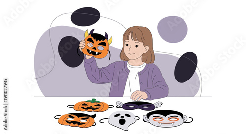 Joyful Child Selecting Festive Halloween Masks for Dress-Up Fun